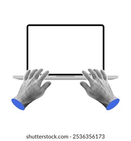 Halftone human hands working on a laptop computer with a blank screen (PC mockup with an empty display) for a website, demo or product advertisement. isolated on transparent background.