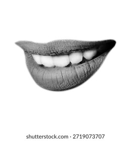 Labios humanos de semitono con dientes aislados sobre fondo blanco. Concepto de habla, comunicación, emoción y expresión sensual. Ilustración mínima en blanco y negro para uso de estilo de vida y diseño.