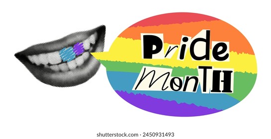 Halftone human mouth with rainbow speech bubble and cut out text Pride month. Modern retro collage element with LGBTQ symbol. Trendy vector illustration isolated on transparent background