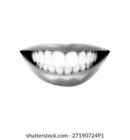 Sonrisa humana de semitono con dientes aislados sobre fondo blanco. Concepto de emoción, felicidad, comunicación y salud dental. Ilustración mínima en blanco y negro para diseño médico y de estilo de vida.
