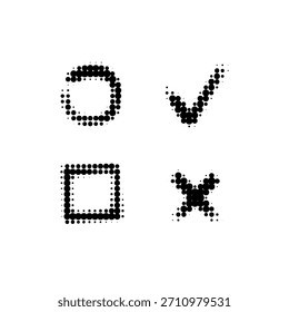 Halftone icons of checkbox, checkmark, empty box, and cross symbol in dotted style on white background.