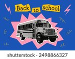 Halftone illustration. Banner on the theme of back to school. Trendy collage with school bus. Modern Y2K mixed media. Perfect for educational materials, school promotions, advertising, social media.