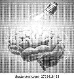 Ilustración de medio tono de un cerebro con una bombilla, que representa ideas inteligentes, innovación creativa e inteligencia mental.