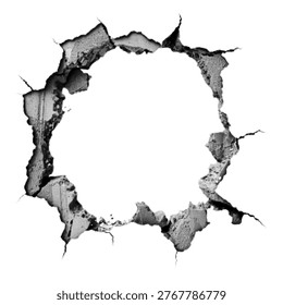 Halftone illustration of broken wall hole isolated on white background, grunge dotted style, concept of damage, crack and destruction.