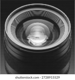 Halftone illustration of a camera lens, symbolizing professional photography, media technology, optical science, and creative videography.