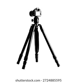 Ilustración de semitono de una cámara en trípode aislado sobre fondo blanco. Concepto de equipo de Fotografía y videografía para la creación de contenido, filmación, trabajo de estudio y producción de medios.