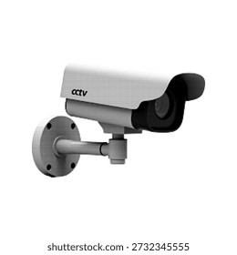 Halftone illustration of a CCTV security camera mounted on wall, isolated on white background. Black and white raster style surveillance technology icon.