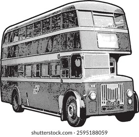  halftone illustration of a classic double-decker bus, reminiscent of mid-20th-century public transport. The halftone effect gives it a printmaking-style appearance, making it ideal for vintage.