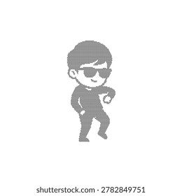 A halftone illustration of a cool cartoon boy wearing sunglasses and dancing on a white background, with a fun and playful vibe, showcasing a dynamic pose and stylish shades.