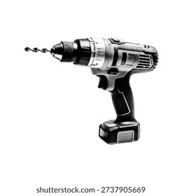 Halftone illustration of a cordless power drill with drill bit attached, isolated on white background. Portable electric tool for construction, DIY, and home improvement.