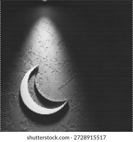 Ilustración de semitono de una luna creciente, que representa la fe religiosa islámica, la naturaleza del cielo nocturno y las tradiciones de las fiestas de Ramadán.