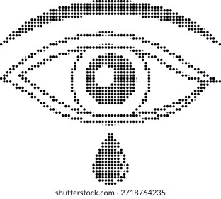 Halftone illustration of a crying eye with tears made of black dots on white background