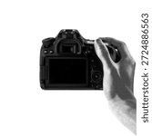Halftone illustration of a digital camera held in hand isolated on white background. Photography and content creation concept for shooting, media production, technology, and visual storytelling.