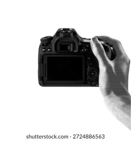 Ilustración de medio tono de una cámara digital sostenida en la mano aislada sobre fondo blanco. Concepto de Fotografía y creación de contenido para rodaje, producción de medios, tecnología y narración visual.