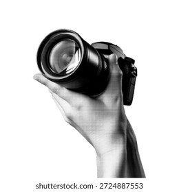 Ilustração em meio-tom de uma câmera digital mantida em mãos, vista frontal com lente isolada no fundo branco. Conceito de fotografia e mídia visual para fotografia, criatividade, tecnologia e criação de conteúdo.
