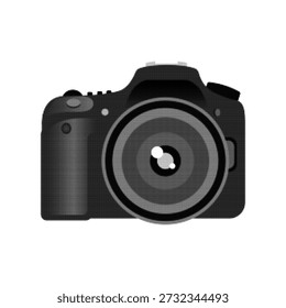Ilustração em meio-tom de uma câmera digital com lente, vista frontal, isolada no fundo branco. Ícone de equipamento de fotografia de estilo raster preto e branco.