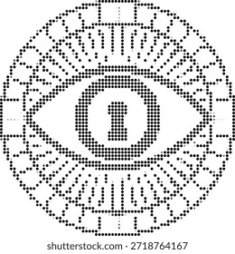 Halftone illustration of an eye made of black dots on white background