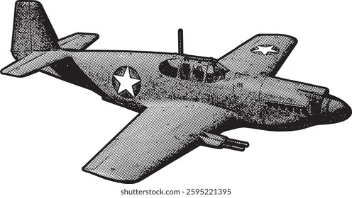 halftone illustration features a detailed depiction of a vintage WWII-era fighter aircraft, likely inspired by the P-51 Mustang or P-63 Kingcobra.for military history themes, aviation enthusiasts