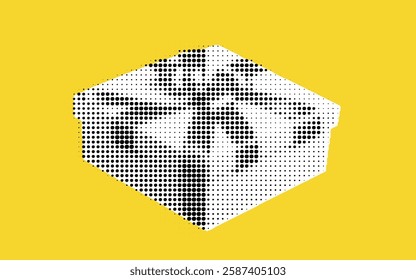 A halftone illustration of a gift box with a bow on a yellow background.
