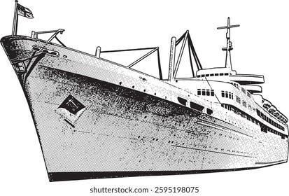 halftone illustration of a grand ocean liner, depicted from a dramatic low angle that emphasizes its scale and elegance. The shading technique uses intricate dot patterns, giving it a retro print styl