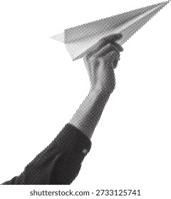 Halftone illustration of a hand launching a paper airplane on a white background. Retro dotted texture creates motion, freedom, and creativity. Conceptual graphic for ideas, startup, and communication themes.