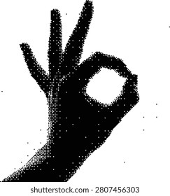 A halftone illustration of a hand making the OK gesture, symbolizing approval, agreement, or perfection. Ideal for positive feedback, success, or communication themes.