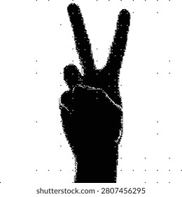 A halftone illustration of a hand making the peace sign gesture, symbolizing peace, victory, or goodwill. Ideal for protest, counterculture, or positive themes.