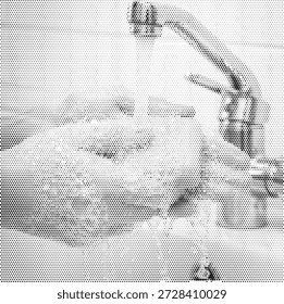 Halbtondarstellung der Hände, die unter einem Wasserhahn gewaschen werden und Hygiene, Krankheitsprävention, Sauberkeit und öffentliche Gesundheit symbolisieren.