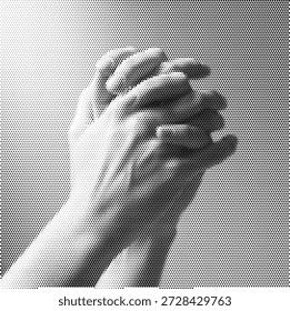 Ilustración en semitono de manos juntas en oración, representando la fe religiosa, la meditación espiritual, la esperanza y los rituales de adoración. Perfecto para gráficos de la iglesia, programas funerarios y materiales de educación religiosa.