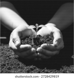 Halftone illustration of hands holding a small seedling in soil, symbolizing environmental growth, sustainability, and nature conservation. Ideal for Earth Day campaigns, reforestation projects, and eco-friendly business branding.