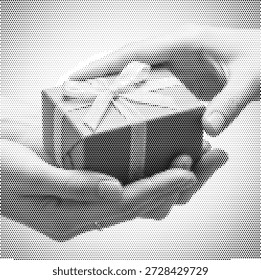 Ilustración de medio tono de manos que presentan una caja de regalo, perfecta para sorpresas de cumpleaños, celebraciones navideñas y recompensas minoristas.