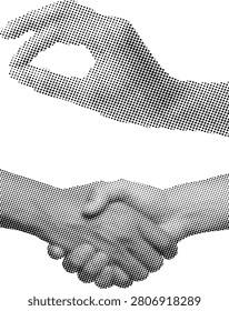 Halftone illustration of handshake between two people in black and white