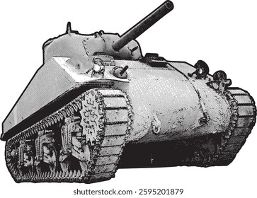 halftone illustration of a heavily armored military tank, viewed from a low angle to emphasize its imposing presence. making it ideal for historical references, military-themed artwork, retro design