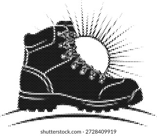 Ilustración en semitono de una bota de senderismo, perfecta para la marca de aventuras al aire libre, anuncios de equipos de trekking y gráficos de estilo de vida de viajes.