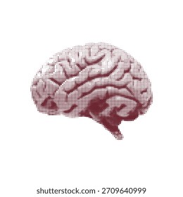 Halftone illustration of a human brain in a dotted vintage style. Minimalistic medical silhouette suitable for science, neurology, anatomy and education designs.