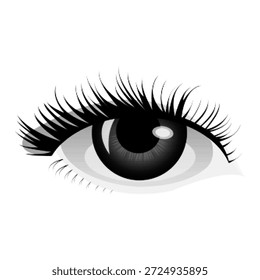 Ilustração de meio-tom de um olho humano com cílios longos isolados no fundo branco. Conceito de visão, percepção, beleza e observação em estilo monocromático minimalista.