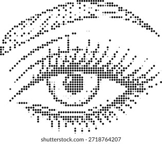 Halftone illustration of a human eye made of black dots on white background