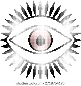 Halftone illustration of a human eye with red iris on white background