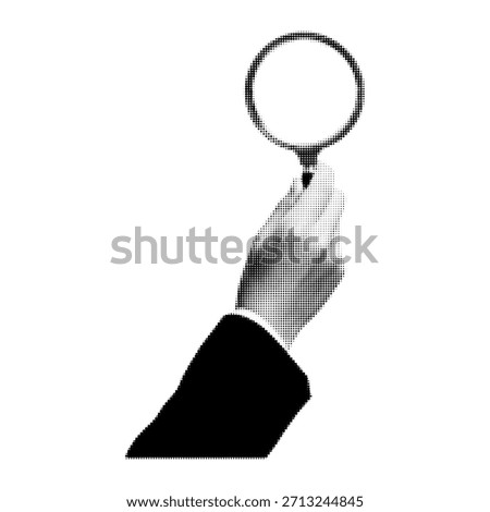 Halftone illustration of a human hand holding a magnifying glass. Concept of search, analysis, investigation, research, inspection, focus and discovery. Isolated on white background.