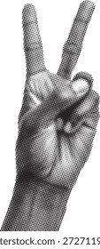 Ilustración semitono de una mano humana que hace que la paz o la victoria sean Iniciar sesión en blanco y negro estilo punteado. El gesto expresivo simboliza la paz, la libertad, la unidad y la resistencia positiva. Ideal para activismo, arte de protesta, diseño editorial, carteles y conceptos gráficos retro.