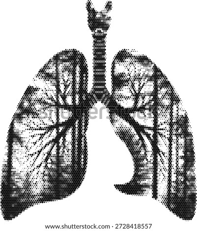 Halftone illustration of human lungs with trees inside, representing the link between nature, clean air, and respiratory wellness.