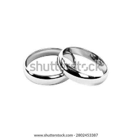 Halftone illustration of intertwined wedding rings. Black and white marriage, love, engagement and commitment concept isolated on white background.