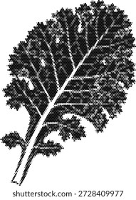 Halftone illustration of a kale leaf, symbolizing leafy greens, superfood nutrition, detox diets, and organic vegetable gardening. Ideal for green smoothie brands, health food stores, and plant-based diet content.