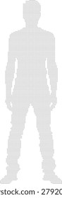 A halftone illustration of a man standing with his feet shoulder-width apart on a white background