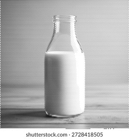 Ilustração em meio-tom de uma garrafa de leite, representando produtos láteos, nutrição agrícola fresca e bebidas saudáveis para o café da manhã.