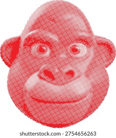 Halftone illustration of a monkeys face wide smile and expressive eyes in red dots on white background