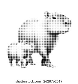 Halftone illustration of mother capybara with baby, black and white retro comic style. Vintage dotted line art with soft gradients and bold silhouette. Wildlife animal design in pop art engraving text