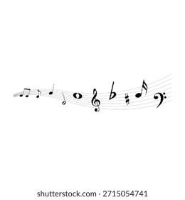 Ilustración de medio tono de notas musicales en el pentagrama, fondo abstracto de música punteada en blanco y negro, que simboliza la melodía, el ritmo y el sonido para proyectos de diseño, impresión y digitales.