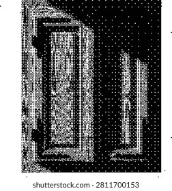Halftone illustration of an old wooden door, suggesting vintage architecture, history, or entryways.