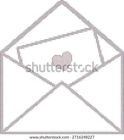 Halftone illustration of an open envelope with a heart symbol of love and affection